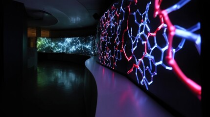 A colorful array of various protein folds projected on a smooth curved LED surface emphasizing the complex geometry and dynamic movement of biological molecules.