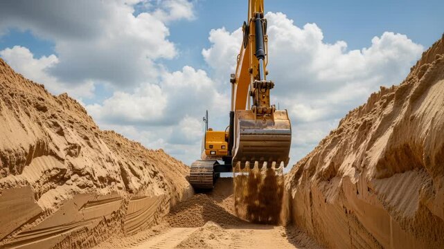 Yellow excavator digging deep sandy trench at construction site under cloudy sky with heavy machinery moving soil and earth