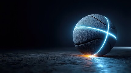 creative basketball with glowing blue neon seams on a midnight blue background