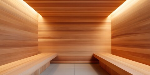 Obraz premium Cedar Sauna Interior Concept. Modern wooden sauna interior with minimalist design and soft lighting.