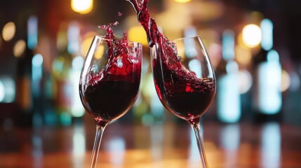 Two glasses of red wine hitting each other, blur bottles with bar counter on background