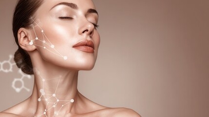 White molecules structure near sensual woman face with lifting lines