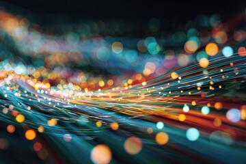 Abstract, vibrant image featuring blurred, glowing lines with colorful bokeh effect