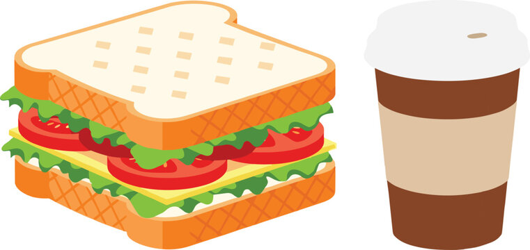 Vector illustration of sandwich with lettuce, tomato, cheese and coffee cup, representing lunch, snack, or caf&eacute; meal concept.