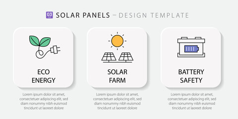 Solar Panels Infographic Design Template with 3 Options, Eco Energy, Solar Farm and Battery Safety Icons for Renewable Energy Presentation vector illustration.
