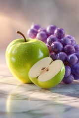 green apple sliced in half beside a polished cluster of violet grapes