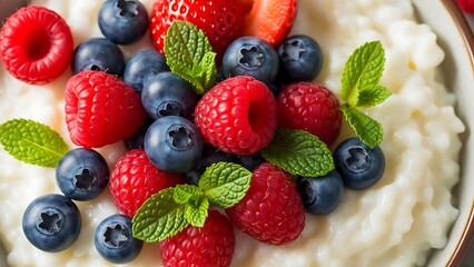 Fresh berries and mint leaves on whipped cream in a bowl blueberries raspberries