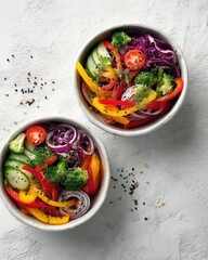 Overhead flat lay of a healthy vegan meal with vibrant vegetables