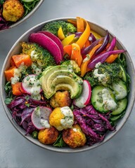 Overhead flat lay of a healthy vegan meal with vibrant vegetables