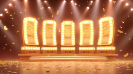 Bright and Glowing Game Show Set with Stage Lights, Background Elements, and Confetti for Dynamic Event Atmosphere