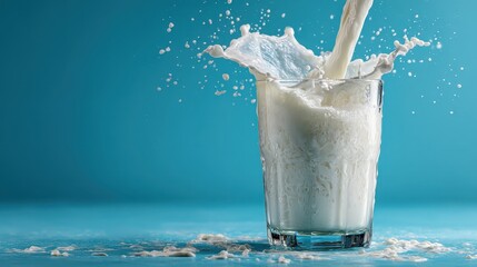 Pouring fresh milk into the glass with splashing on light blue background
