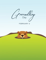 Cute groundhog emerging from burrow celebrating traditional Groundhog Day seasonal festival