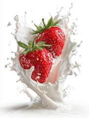 Two strawberries falling into milk