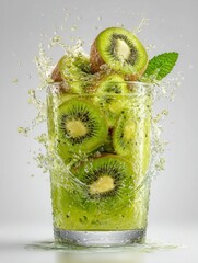 green spiral of kiwi juice in mid-air with kiwi
