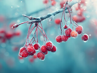 Sparkling frost adorning vibrant red berries clinging to slender branch, capturing winter morning's delicate stillness against soft, muted background