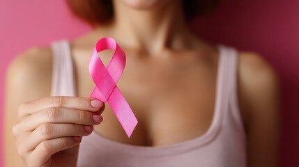 Women holding pink ribbon on color background, closeup. Breast cancer awareness concept
