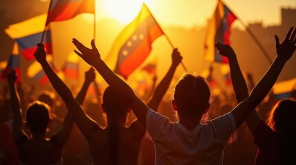 Obraz premium Multitud ondeando banderas venezolanas, siluetas celebrando la unidad