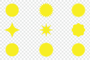 Black Starburst Sparkle Icons Set, Minimalist Y2K Geometric Star Shapes, Vector Retro Sunburst Symbols, Trendy Bold Graphic Design Elements for Logo