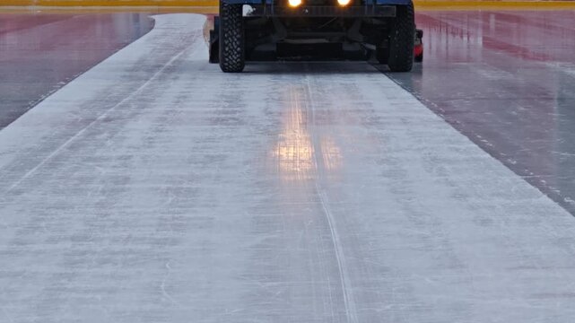 Professional ice resurfacing machine smoothing and flooding a freshly cut skating rink with a layer of clean water to create a perfect surface.