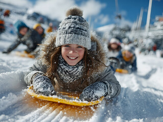 Smiling young girl sledding down a snowy hill on a bright winter day, having fun and enjoying an outdoor activity with friends in the background