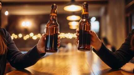 Clinking beer bottles between friends at a cozy bar table with warm festive bokeh lights in the background at night