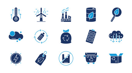 Green energy thin line icon set. Containing high temp, windmill, factory, bio fuel, green search