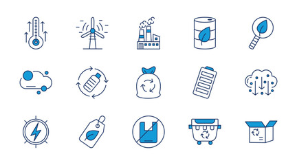 Green energy thin line icon set. Containing high temp, windmill, factory, bio fuel, green search