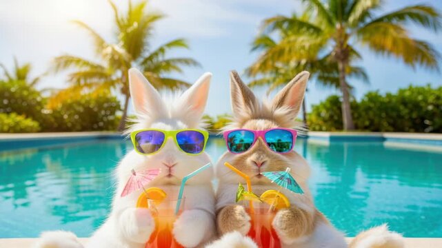Cute fluffy bunnies relaxing by a tropical poolside, wearing colorful sunglasses and drinking refreshing summer cocktails