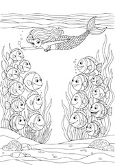 Mermaid at the fish symposium. coloring book