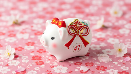 Decorative piggy bank with bow and cherry blossoms