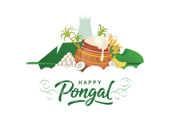 Happy Pongal South Indian harvest festival vector illustration featuring traditional Pongal pot and festive props on a holiday background for celebration greeting cards, posters, and banners. © Md Hamim