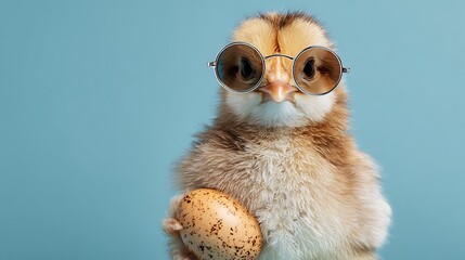 Adorable chick sporting sunglasses, holding an egg, against a teal backdrop