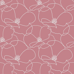 Seamless vector pattern featuring delicate line-art poppy blooms on a dusty rose background. Symbolizes femininity, peace, and botanical elegance. © Alona