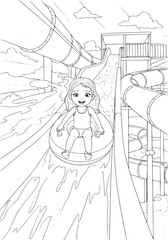A girl rides down a slide in a water park. coloring book