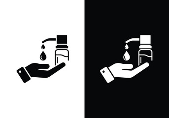 A simple icon depicting hand hygiene by applying liquid from a dispenser to a hand