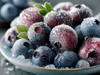 Frosty berry medley with strawberries, blackberries, blueberries, redcurrants sparkling with ice crystals on dark, glistening surface
