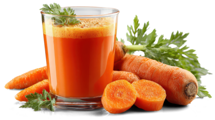 Glass of carrot juice with fruit on white