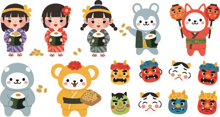 Fototapeta premium Cute Japanese New Year Mascot Characters Set with Traditional Festival Costume and Lucky Symbols