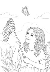 a girl catches a butterfly with a net. coloring book