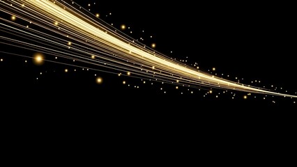 Golden light streaks across a dark background with scattered particles