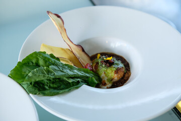 burrata gourmet dish, italian cheese plated elegantly, fine dining and culinary art, burrata