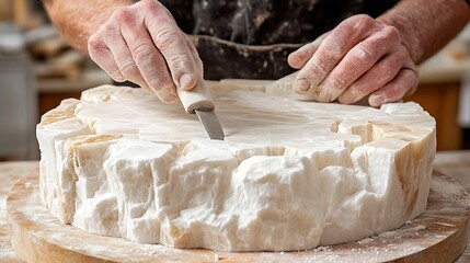 Sculptor carves stone art.
