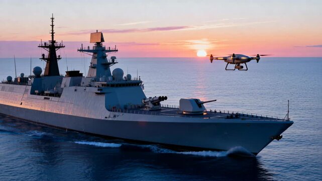 Modern naval warship cruising at sunset with surveillance drone flying overhead above calm ocean waters