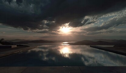 Infinity pool reflecting sunset sky over distant mountains and calm water