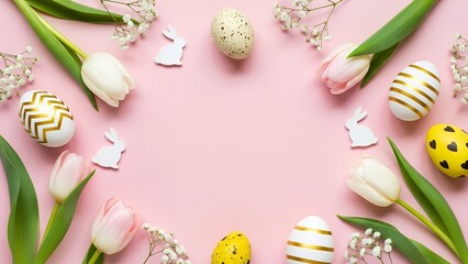 Spring celebration with colorful eggs and flowers on a pink background