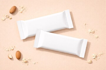 Minimalist Snack Bar Wrapper Mockup with Nuts and Oats on Neutral Background