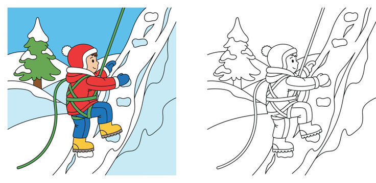Cartoon Kid Rock Climbing with Safety Rope - Adventure Sports and Outdoor Activity - Powered by Adobe