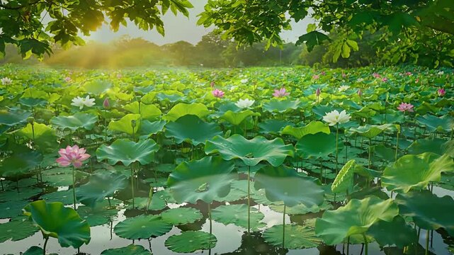 An abstract, slow motion shot of water droplets gently falling onto a hydrophobic lotus leaf, creating mesmerizing patterns and reflections, emphasizing the peaceful, cyclical nature.
