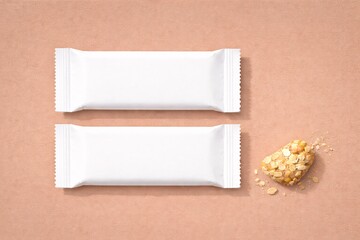 Realistic Snack Bar Wrapper Mockup with Granola on Brown Background