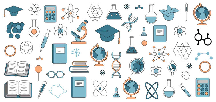 education school science vector pattern with flasks dna globe icon set